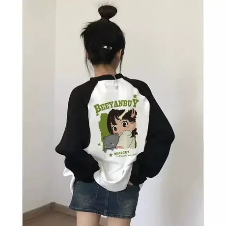 撞色插肩长袖t恤女秋新款oversize小个子打底衫可外穿宽松上衣ins商品大图