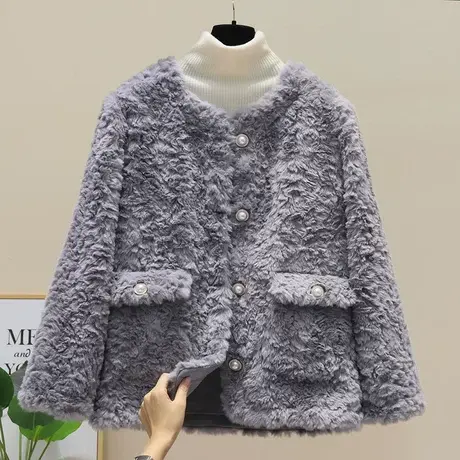 蓝色仿皮草2023新款女装冬季宽松皮毛一体羊羔毛外套短款羊剪绒潮商品大图