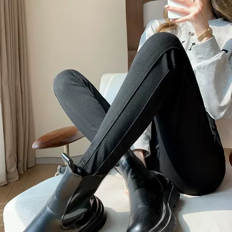 加绒打底裤女外穿时尚春秋冬2023新款拼接高腰显瘦加长加厚小脚裤图片