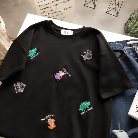 2020春秋韩国东大门ulzzang刺绣小恐龙磨毛短袖T恤宽松显瘦大码商品大图