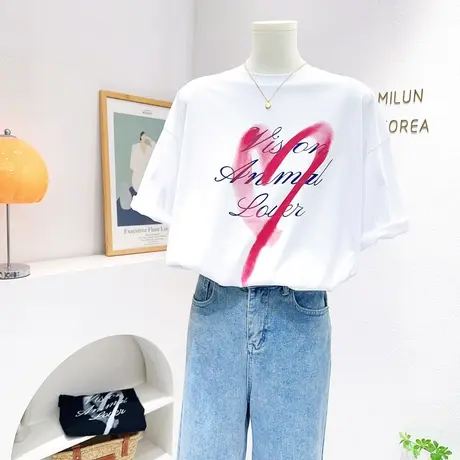 软糯纯棉短袖上衣~2023夏季新款韩版ins爱心字母白色T恤微胖显瘦商品大图