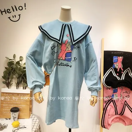 2020早秋休闲连衣裙韩国东大门娃娃领荷叶边中长款卫衣裙大码显瘦商品大图