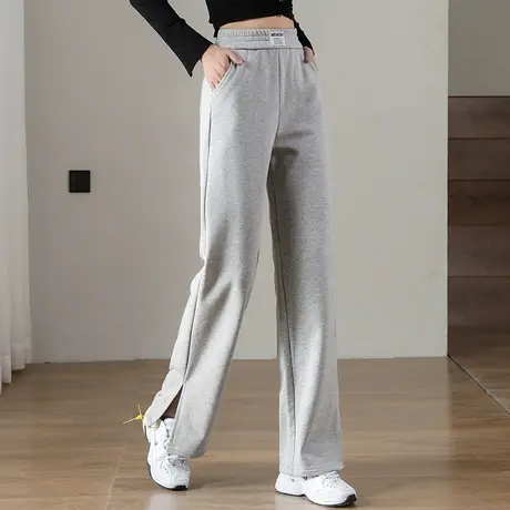 松紧腰直筒裤女春夏2023新款开叉阔腿裤宽松裤子灰色运动裤休闲裤商品大图