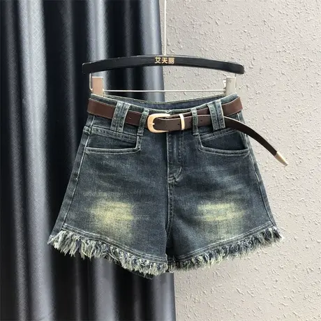 2023秋季新款水洗怀旧磨破流苏休闲百搭牛仔短裤女高腰A字阔腿裤图片