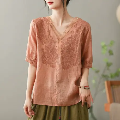 dza复古苎麻短袖衬衫女2023夏季薄款V领衬衣宽松显瘦棉麻套头上衣图片