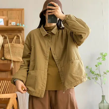 dza 复古polo领轻薄棉衣外套女冬保暖宽松棉袄上衣休闲纽扣棉服女图片