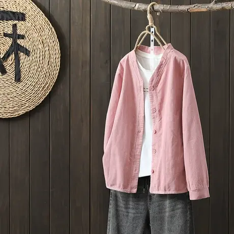 枫谜2022秋季新款文艺复古V领纯色薄款灯芯绒开衫外套图片