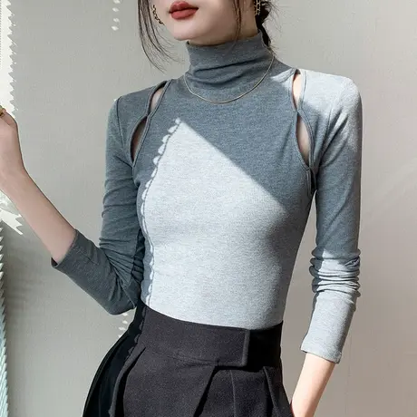 半高领磨毛长袖T恤女2023秋冬新款设计感小众西装内搭修身打底衫商品大图