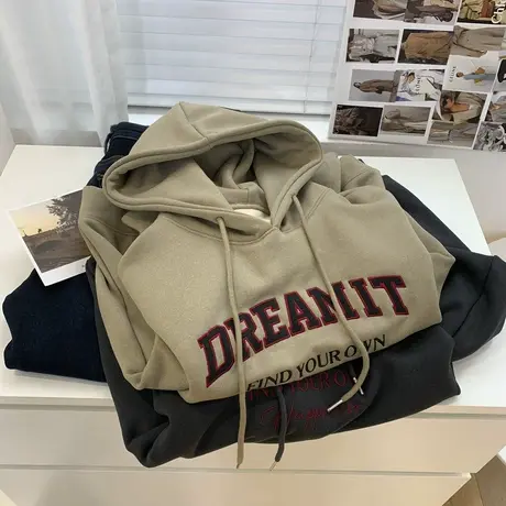 字母刺绣加绒卫衣女冬季宽松休闲百搭加厚一体绒复古连帽套头上衣商品大图