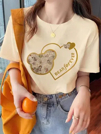 奶黄色正肩仿棉短袖t恤女夏季ins潮牌小众设计感复古港味chic上衣商品大图