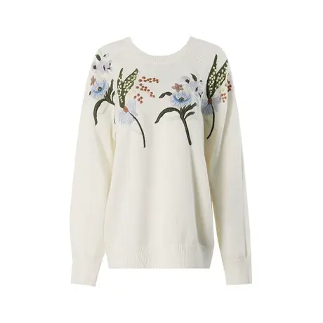 DPLAY【黑标】冬新氛围感花卉刺绣杏仁奶白圆领针织套头毛衣图片