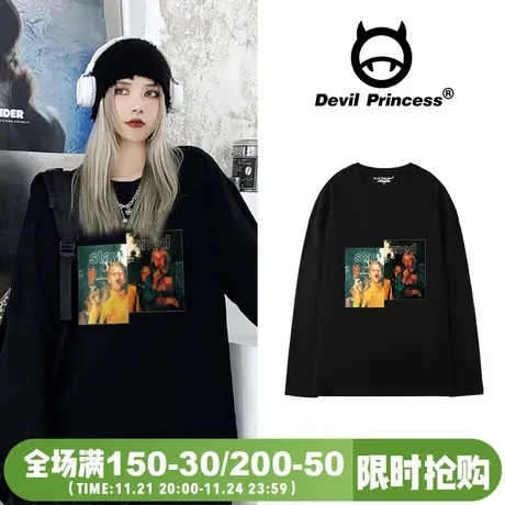 欧美街头嘻哈风长袖T恤女宽松hiphop痞帅BF风大版黑色上衣ins潮牌图片