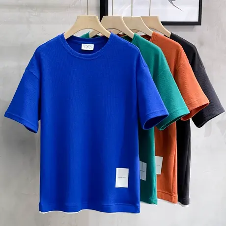 华夫格T恤男短袖夏季薄款纯色运动体恤休闲上衣假两件男士半袖T恤商品大图