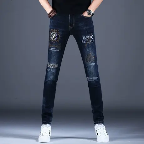 男士高级印花牛仔裤男春百搭2023高端潮牌蓝色裤子男休闲修身小脚商品大图