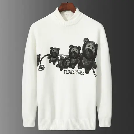 秋冬季白色卡通小熊圆领毛衣男生2024新款休闲男士内搭打底针织衫图片