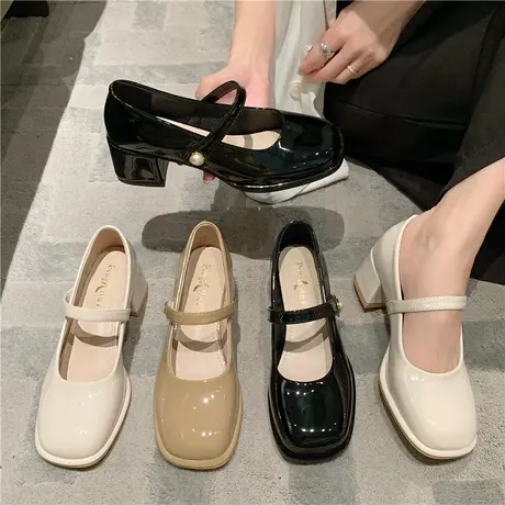 法式晚风单鞋女赫本风温柔中粗跟玛丽珍女鞋优雅淑女小皮鞋高跟鞋图片