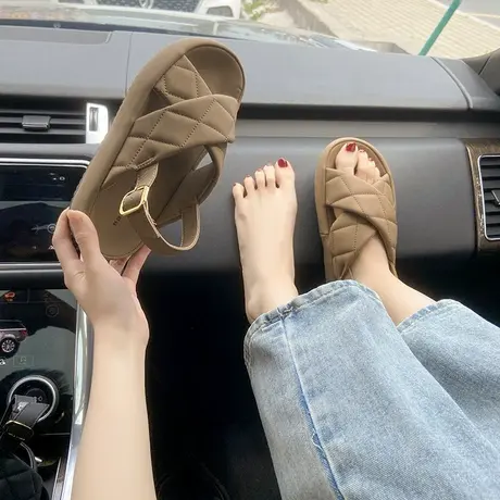 厚底凉鞋女夏季2024新款孕妇胖mm宽胖脚运动沙滩交叉一字带罗马鞋商品大图