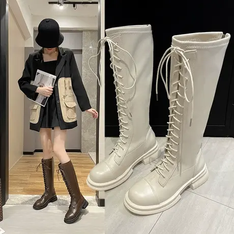 长靴女小个子长筒骑士靴子2023年秋冬新款百搭厚底系带高筒马丁靴图片