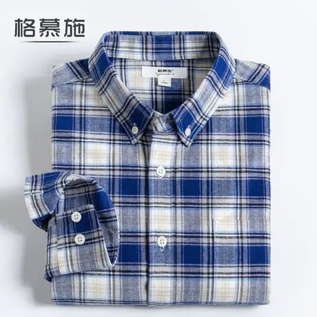格慕施男士长袖衬衫大码秋季纯棉法兰绒休闲宽松磨毛格子衬衣男装商品大图