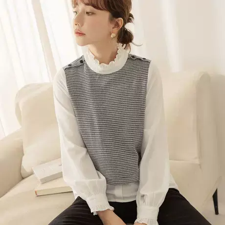 桔熊秋冬气质假两件套上衣女千鸟格纹背心泡泡袖衬衫大码AB19208图片