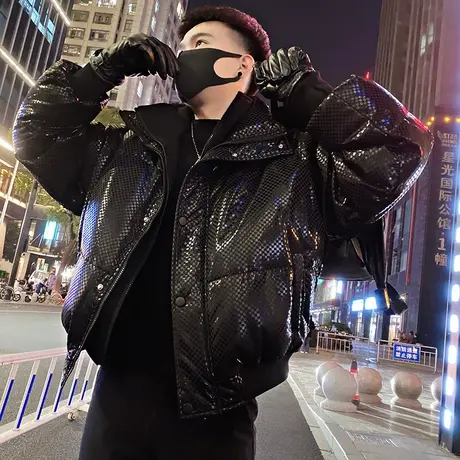 立领双拉链假两件棉衣外套男冬季2023新款潮牌高级感亮面格子棉服商品大图