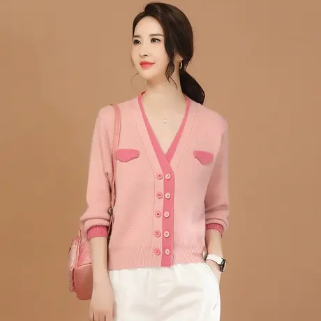 韩潮袭人粉色撞色V领针织开衫女2024春季新款宽松显瘦毛衣上衣图片