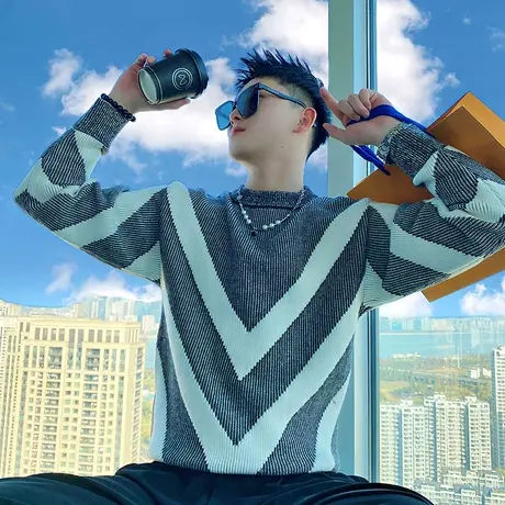 设计感撞色条纹针织衫男冬季2023新款时尚韩版修身轻熟风圆领毛衣商品大图