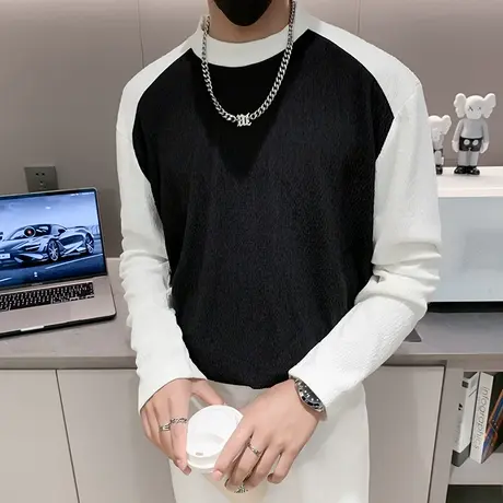 重磅拼色插肩长袖T恤男秋季潮牌ins宽松内搭上衣痞帅休闲体恤卫衣商品大图