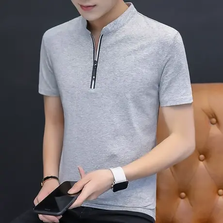 2019夏季新款短袖T恤男潮牌上衣立领拉链半袖夏装休闲男装半截袖商品大图