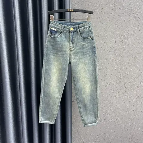 撞色口袋小脚牛仔裤女2024春季新款个性刺绣设计感高腰百搭哈伦裤图片