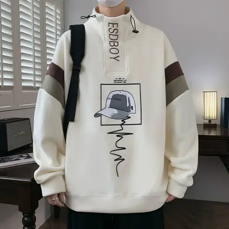 半高领卫衣男秋冬款加绒加厚双面奥粒绒外套男宽松保暖冬季打底衫商品大图