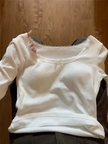 设计感小众蕾丝边德绒长袖T恤女秋冬纯欲风低领保暖磨毛打底上衣商品大图