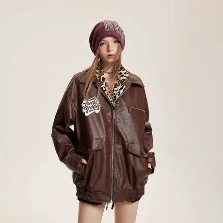 街头潮牌复古PU皮外套女春秋2024新款美拉德皮衣夹克宽松薄款上衣商品大图