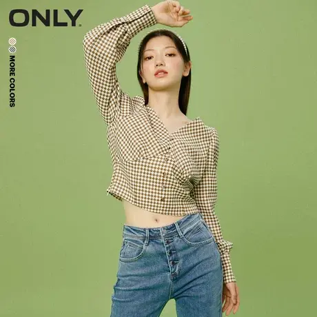 ONLY奥莱夏季千鸟格V领异形纽扣长袖雪纺衫女商品大图