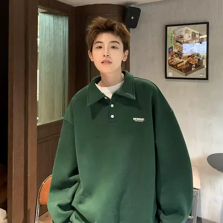 宽松翻领polo衫套头卫衣男秋冬潮牌oversize简约纯色情侣装上衣服商品大图