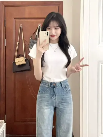 白色正肩短袖t恤女夏季小个子2024新款纯棉修身百搭半袖打底上衣商品大图