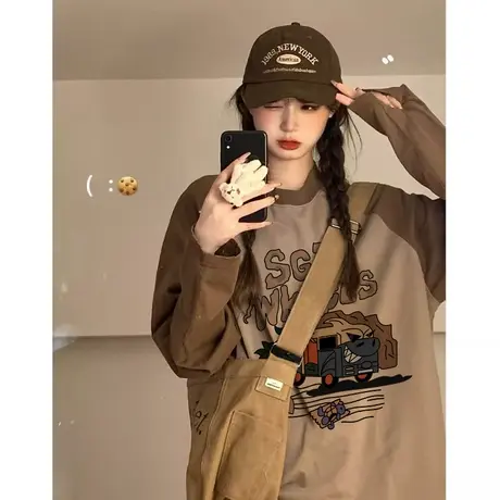 纯棉插肩拼色长袖t恤女2023新款秋季港味chic小众设计感打底上衣商品大图