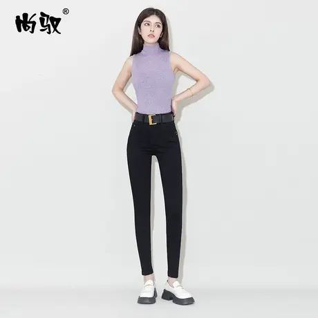 尚驭黑色弹力高腰牛仔小脚裤女2024年春季新款铅笔裤修身显瘦裤子图片