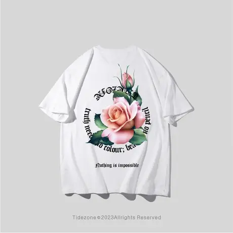 Ohlyah潮牌圆环字母玫瑰花卉宽松纯棉短袖圆领T恤男女青少年同款图片