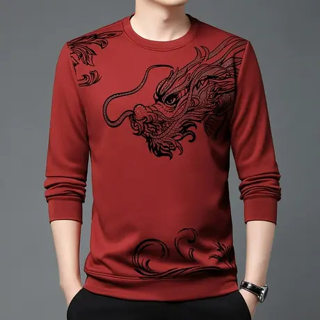2024龙年新款男士长袖T恤衫烫钻中国龙本命年大红色大码宽松卫衣图片