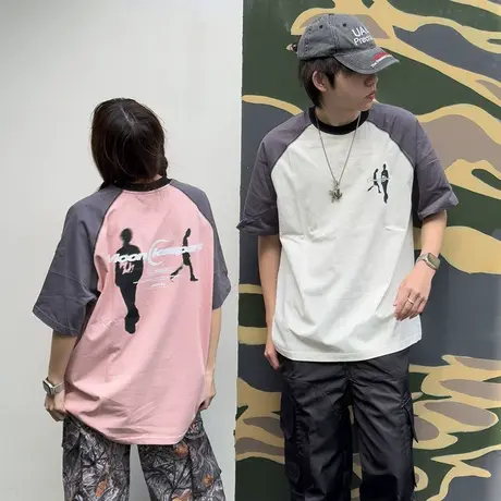 Nuthink美式潮流插肩拼接趣味短袖T恤男潮中性风小众潮牌半袖情侣图片