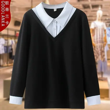 中年40-50岁妈妈装春秋POLO领上衣宽松洋气撞色拼接假两件卫衣女商品大图