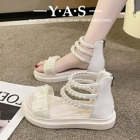 凉鞋女仙女风2024年新款夏季配裙子大学生珍珠平底露趾高帮罗马鞋商品大图