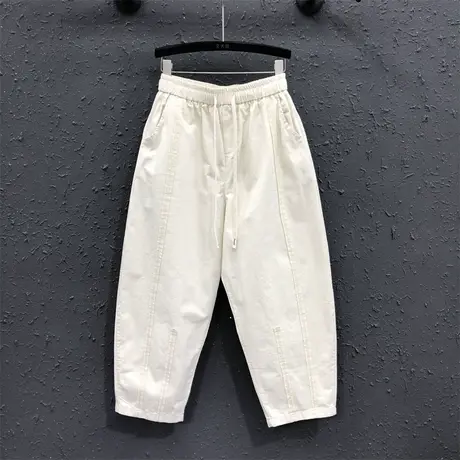 韩版哈伦裤女2024春夏新款米白色松紧腰老爹裤宽松休闲牛仔九分裤图片