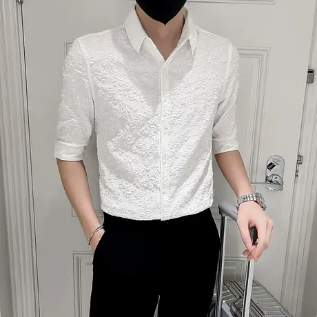 设计感夏装七分袖衬衫男士潮流韩版短袖上衣ins夏季个性中袖衬衣商品大图