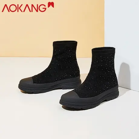 奥康女鞋网红秋冬新款韩版风厚底水钻亮片弹力袜靴短靴女靴图片