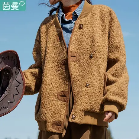 茵曼小个子宽松女装小香风毛呢外套2024春秋新款短款夹克棒球服图片