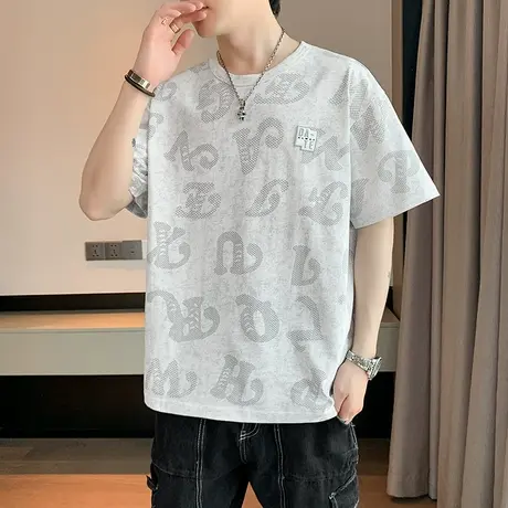 冰丝凉感夏季短袖t恤男士V领青年潮牌潮流薄款时尚体恤冰感上衣服商品大图