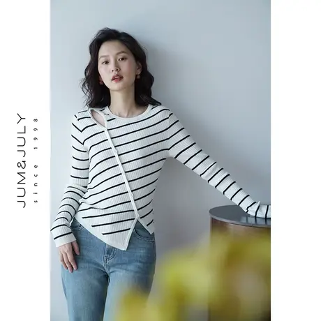 嘉茱莉2023早秋新款镂空斜条纹针织衫长袖针织上衣设计感小众外搭图片