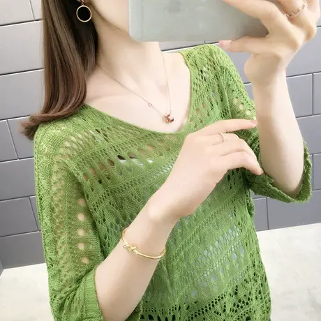 冰丝镂空2023夏季新款女装薄款抽绳针织打底衫洋气蝙蝠袖上衣t恤商品大图